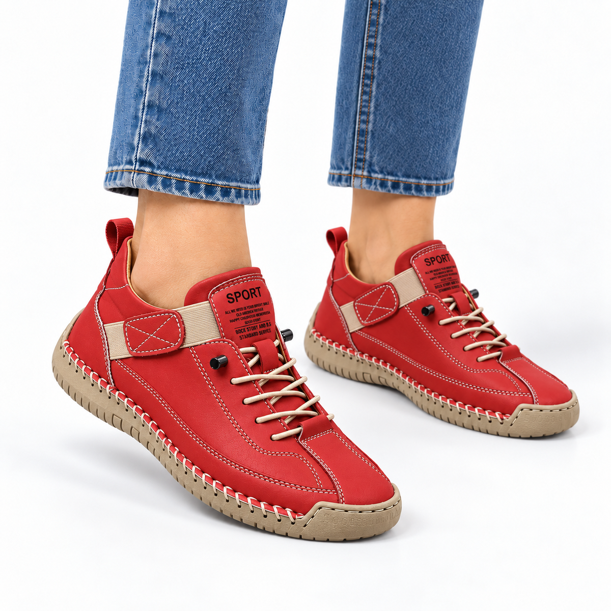 Mirabelle, zapatillas rojas con suela clara: zapatillas llevadas con vaqueros.