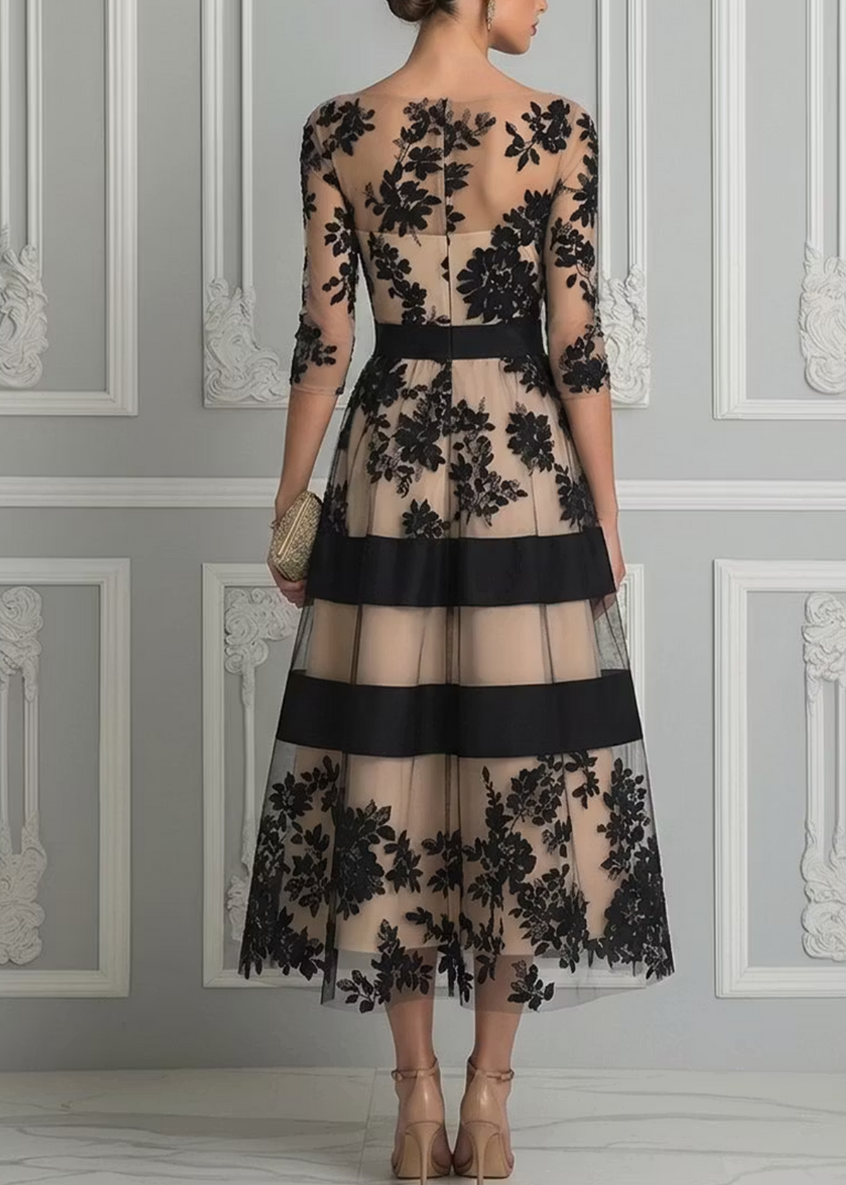 Adriana | Vestido midi negro de encaje floral – vista 3