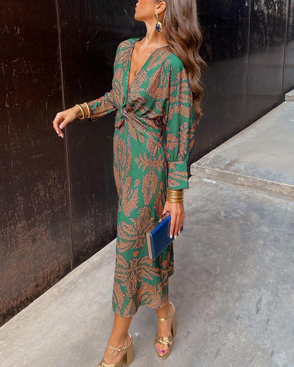 Lucía | Vestido midi estampado con escote en V – Verde