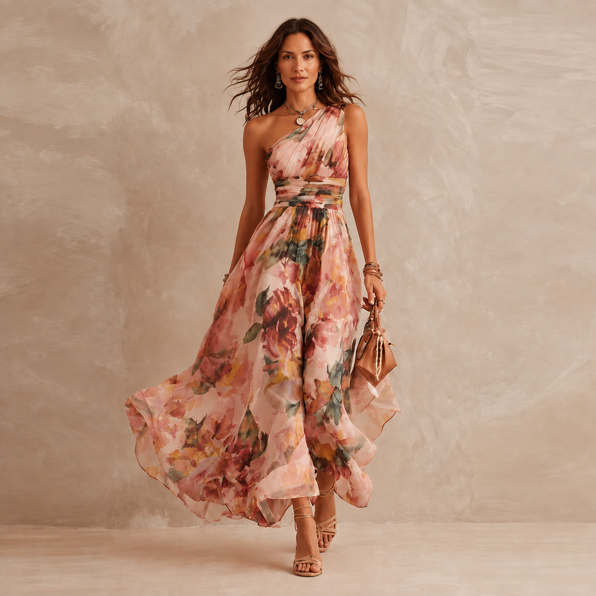 Clara | Vestido largo floral de un hombro – Rosa