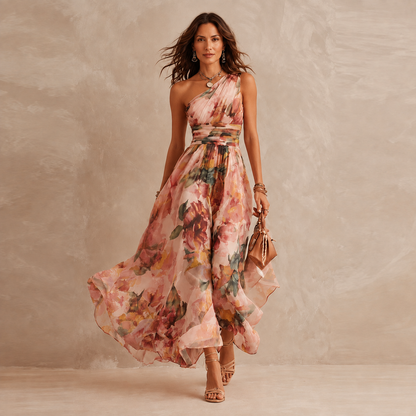 Clara | Vestido largo floral de un hombro – Rosa