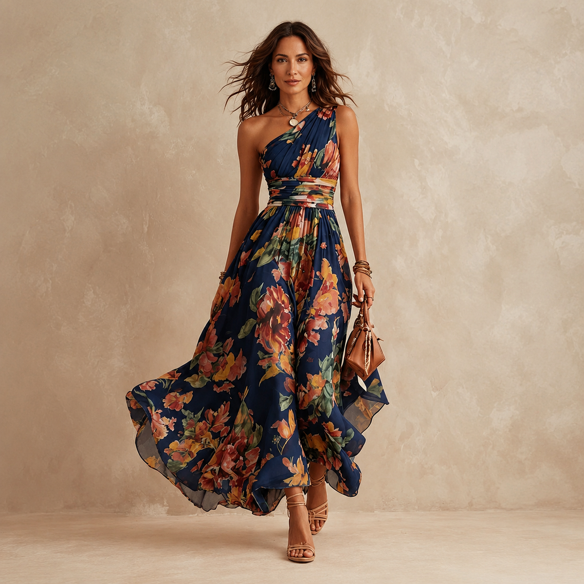Clara | Vestido largo floral de un hombro – Azul marino
