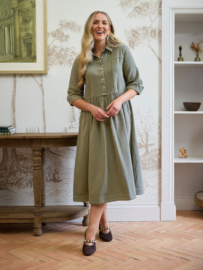Vestido camisero midi caqui — vista 3