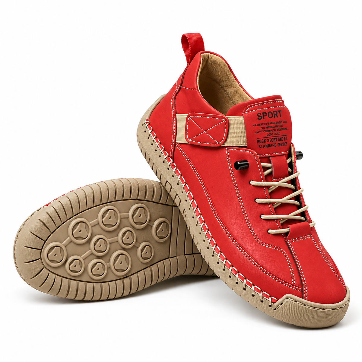 Mirabelle, zapatillas rojas con suela clara: vista del modelo y de la suela.