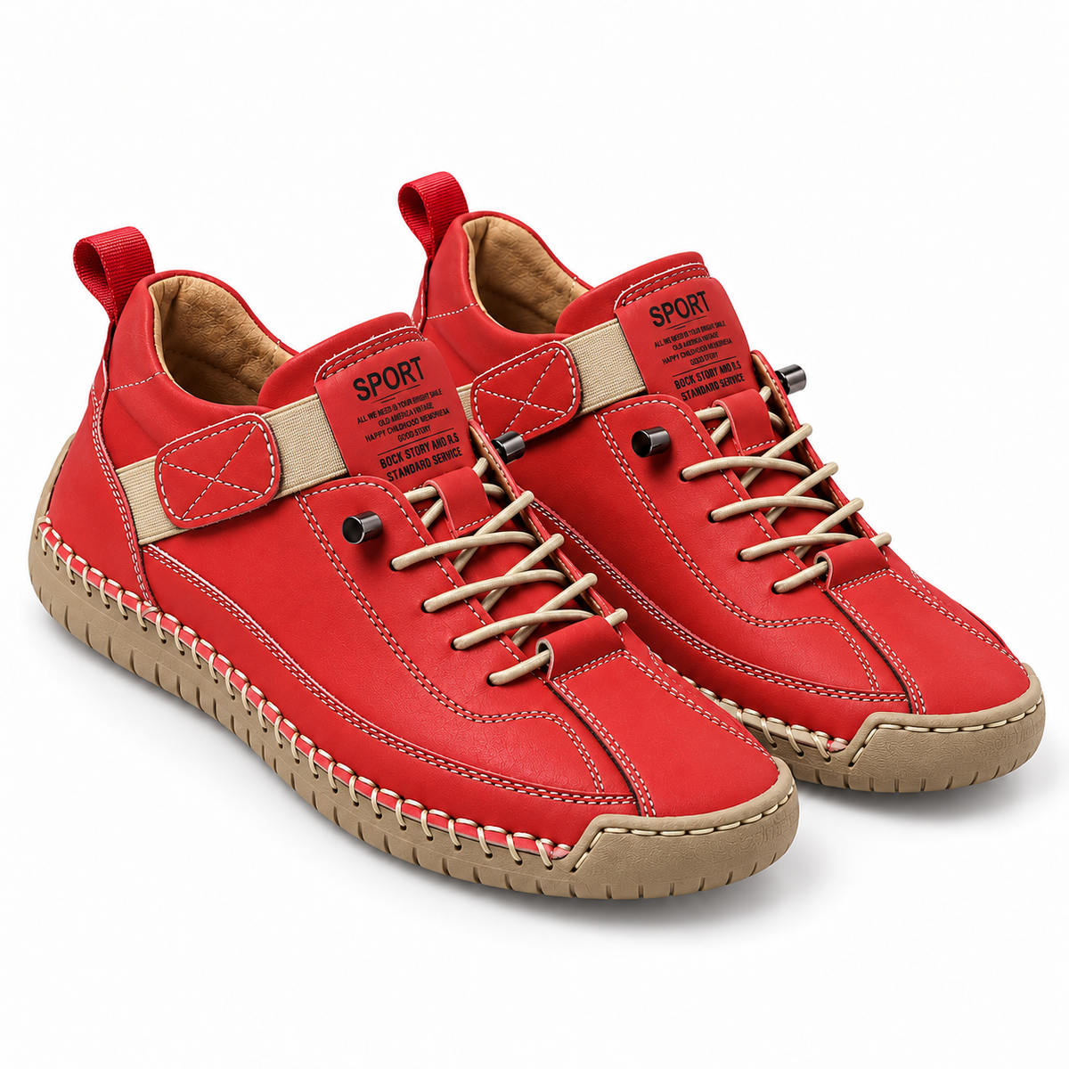 Mirabelle, zapatillas rojas con suela clara: par visto en tres cuartos.