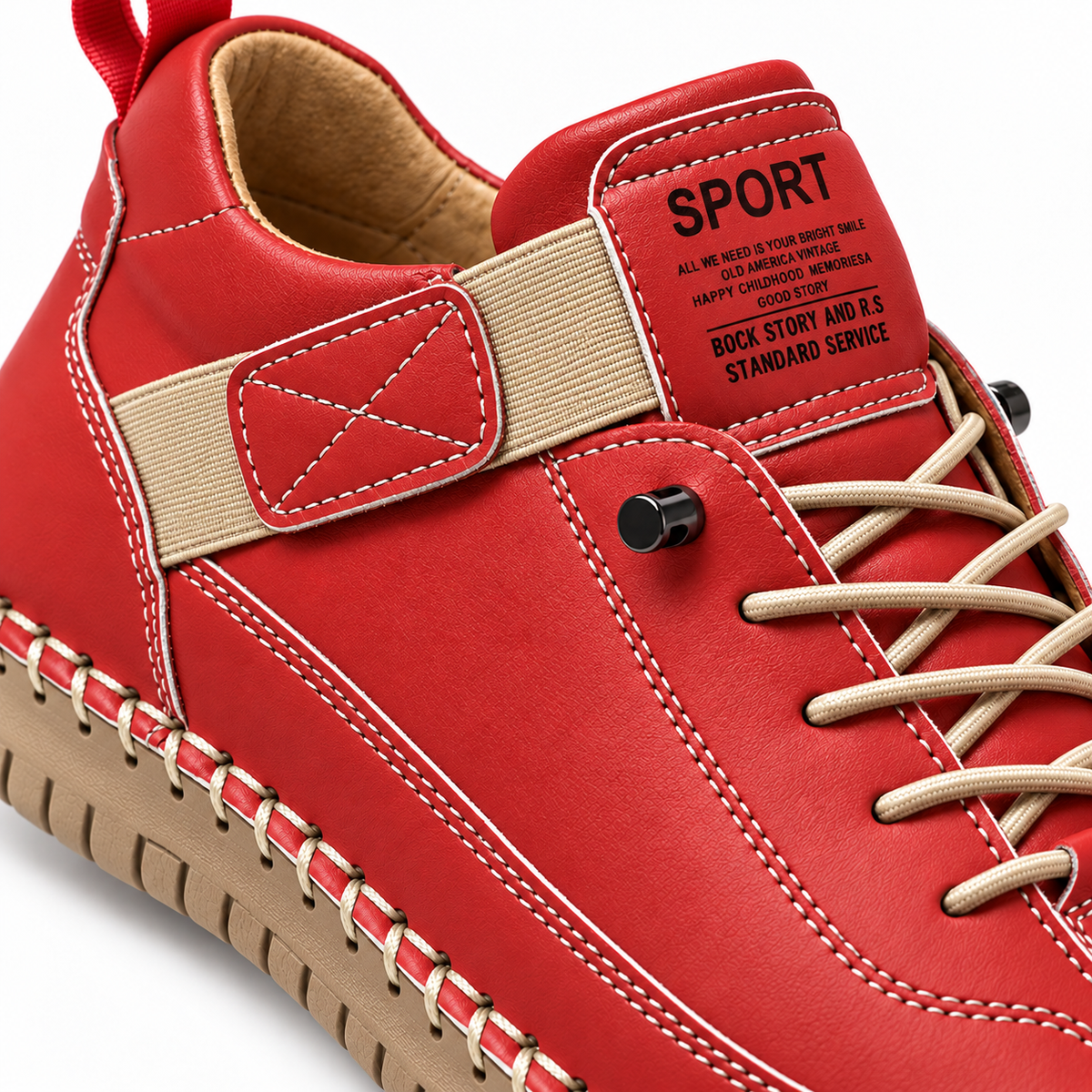 Mirabelle, zapatillas rojas con suela clara: detalle de la etiqueta y los pespuntes.