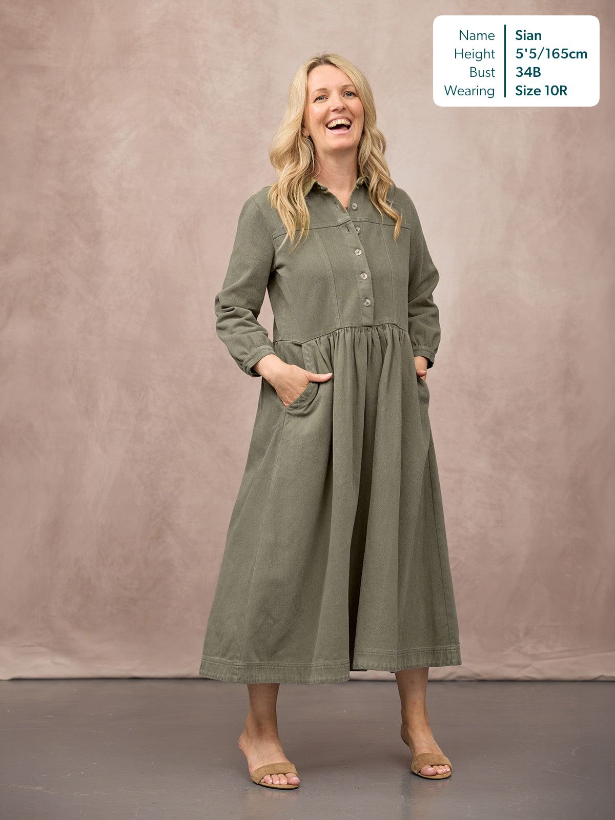 Vestido camisero midi caqui — vista 21