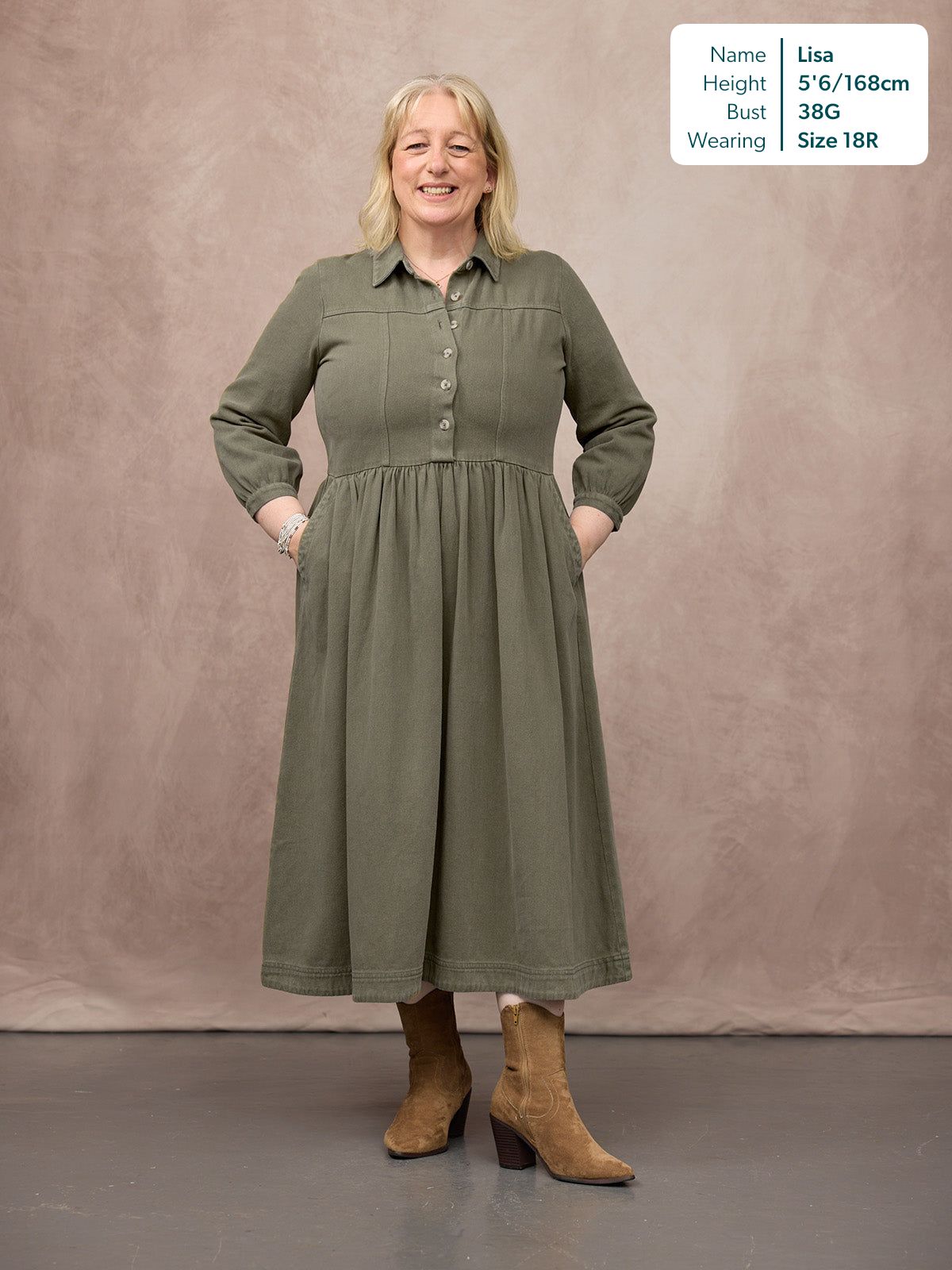 Vestido camisero midi caqui — vista 20