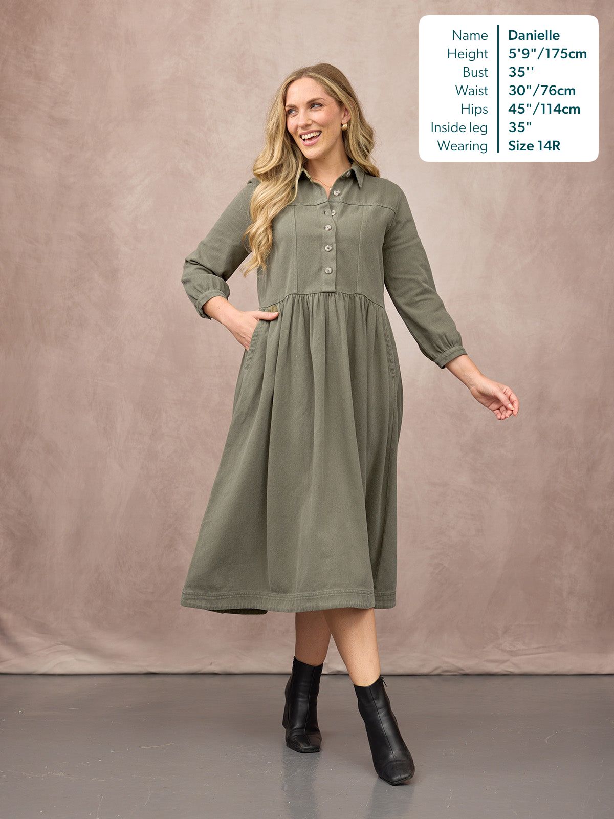 Vestido camisero midi caqui — vista 7