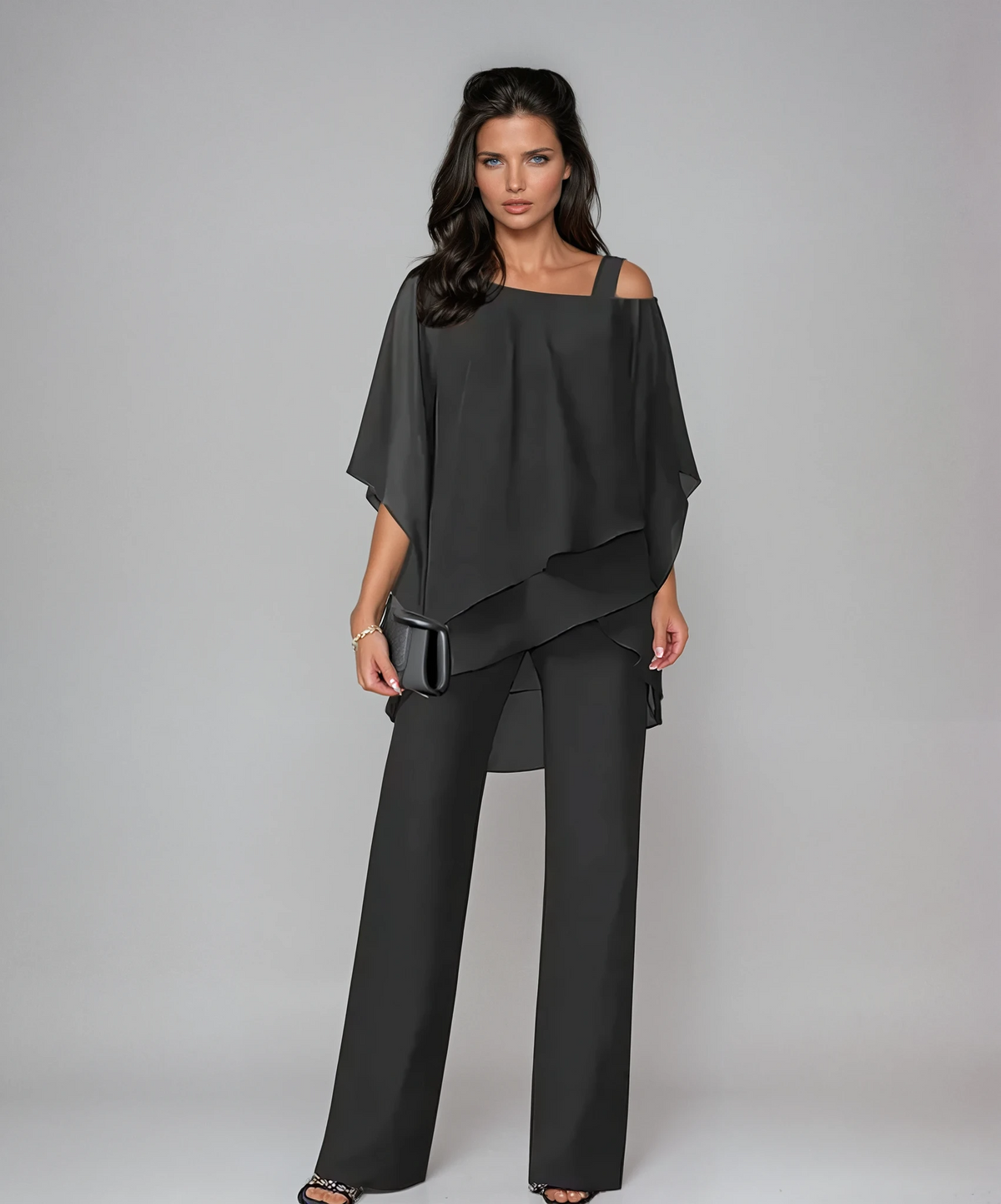 Helena | Conjunto de top asimétrico y pantalón ancho – Negro