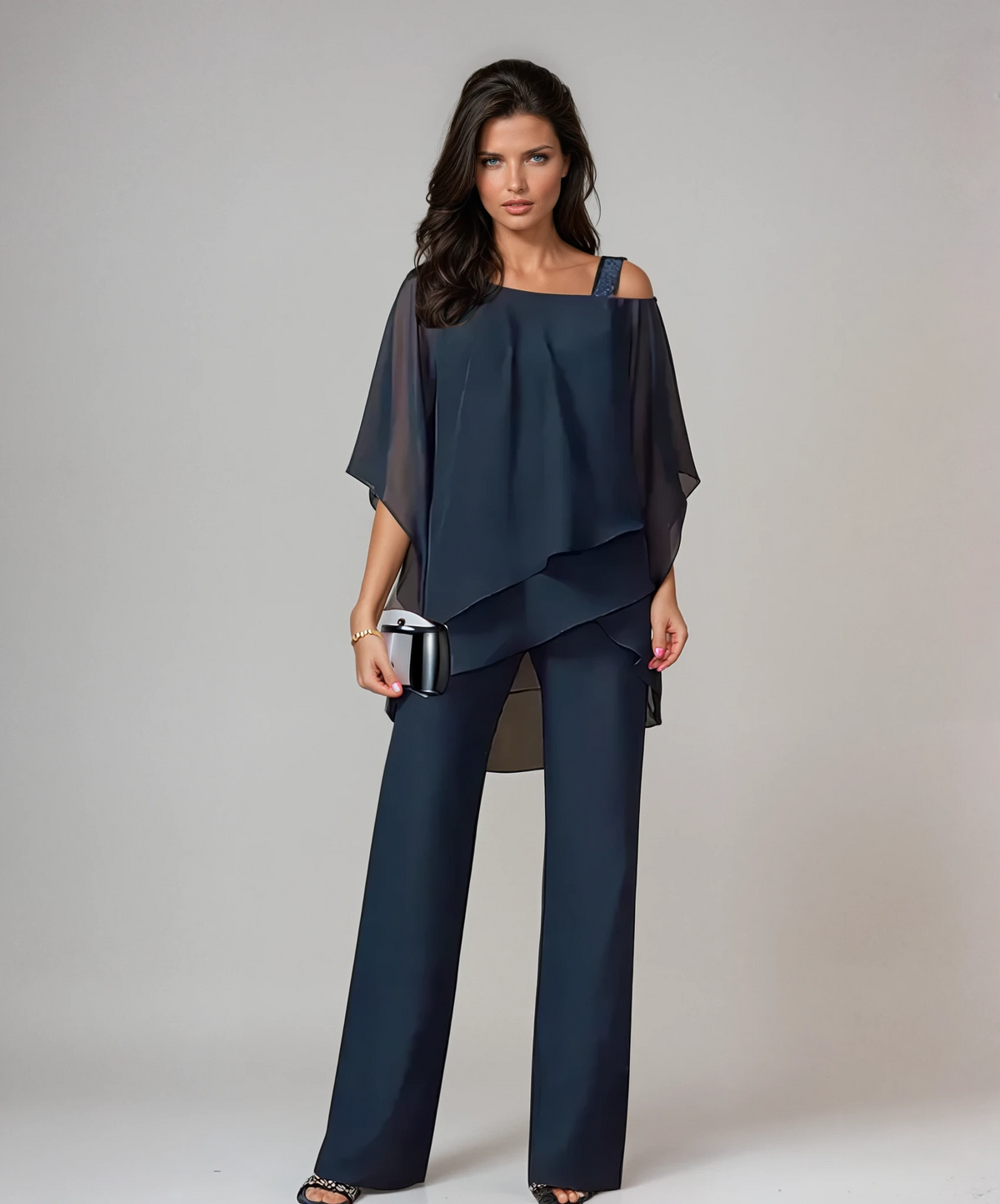 Helena | Conjunto de top asimétrico y pantalón ancho – Azul marino