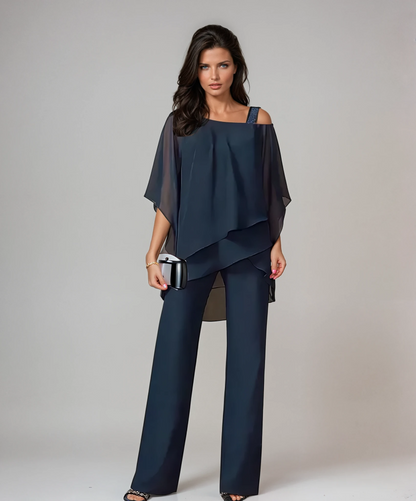 Helena | Conjunto de top asimétrico y pantalón ancho – Azul marino